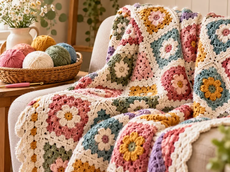 cosy floral granny square crochet scene