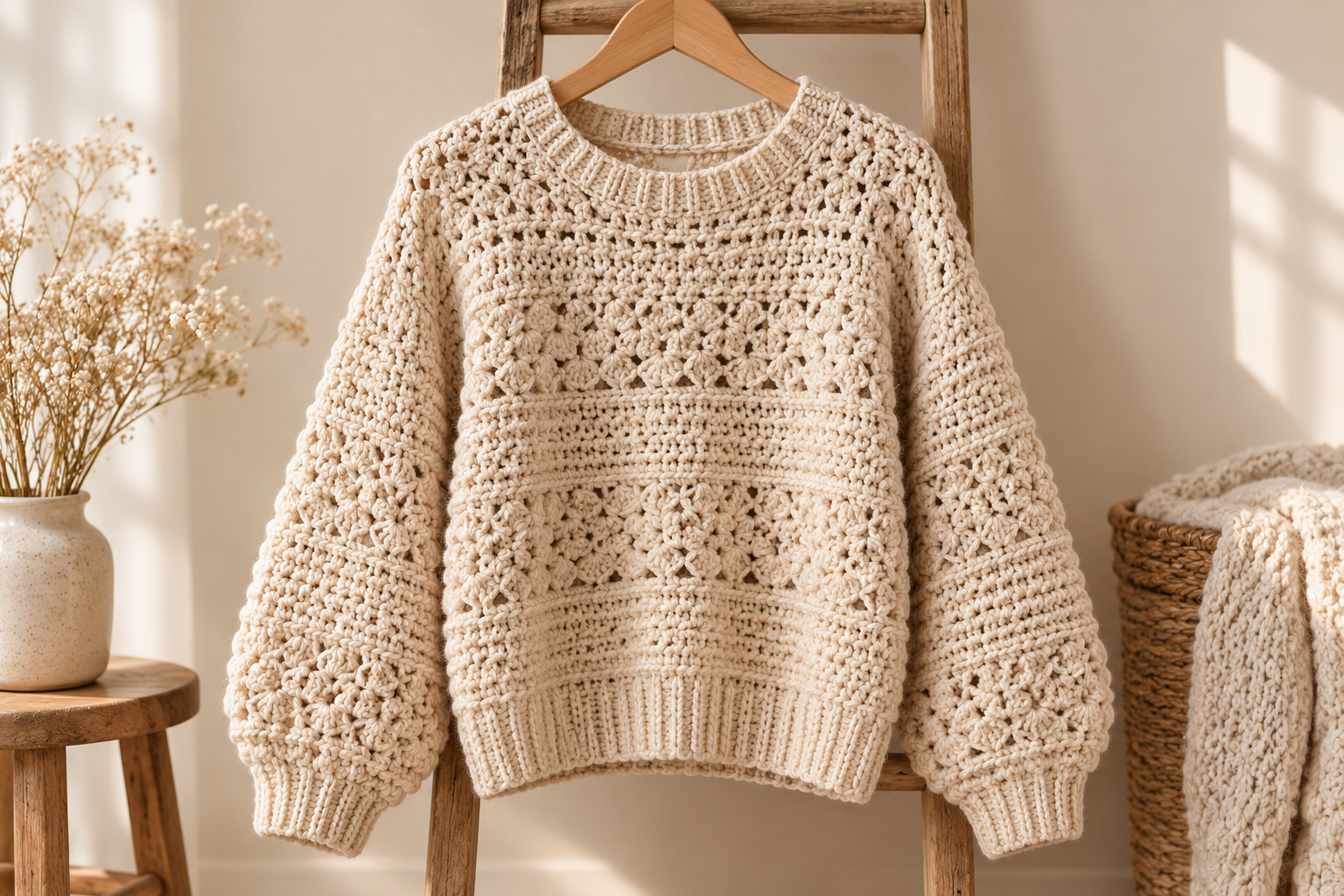 cozy cream crochet sweater display