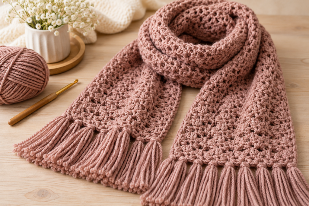 17 Cute and Useful Crochet Objects You Can Make at Home cozy mauve crochet scarf still life