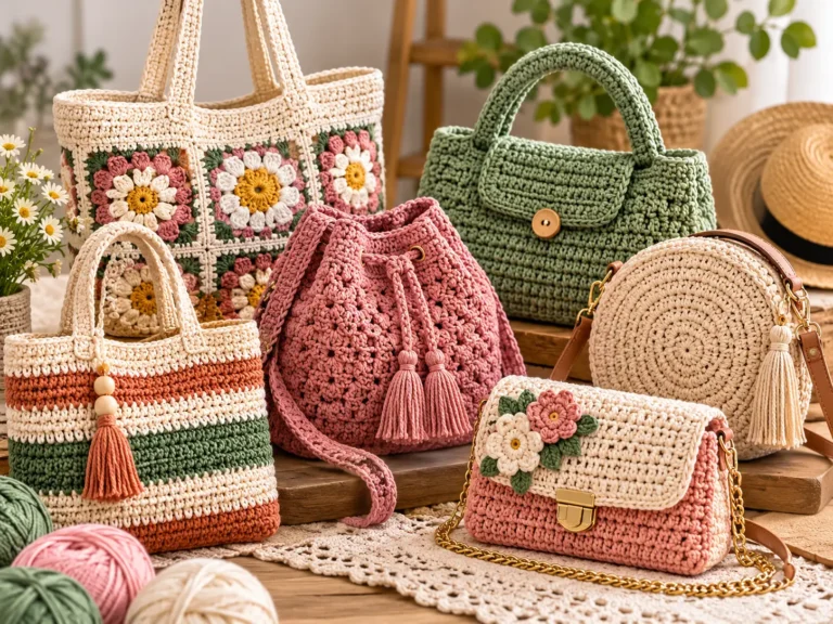 handcrafted crochet bags in a cosy boho setting