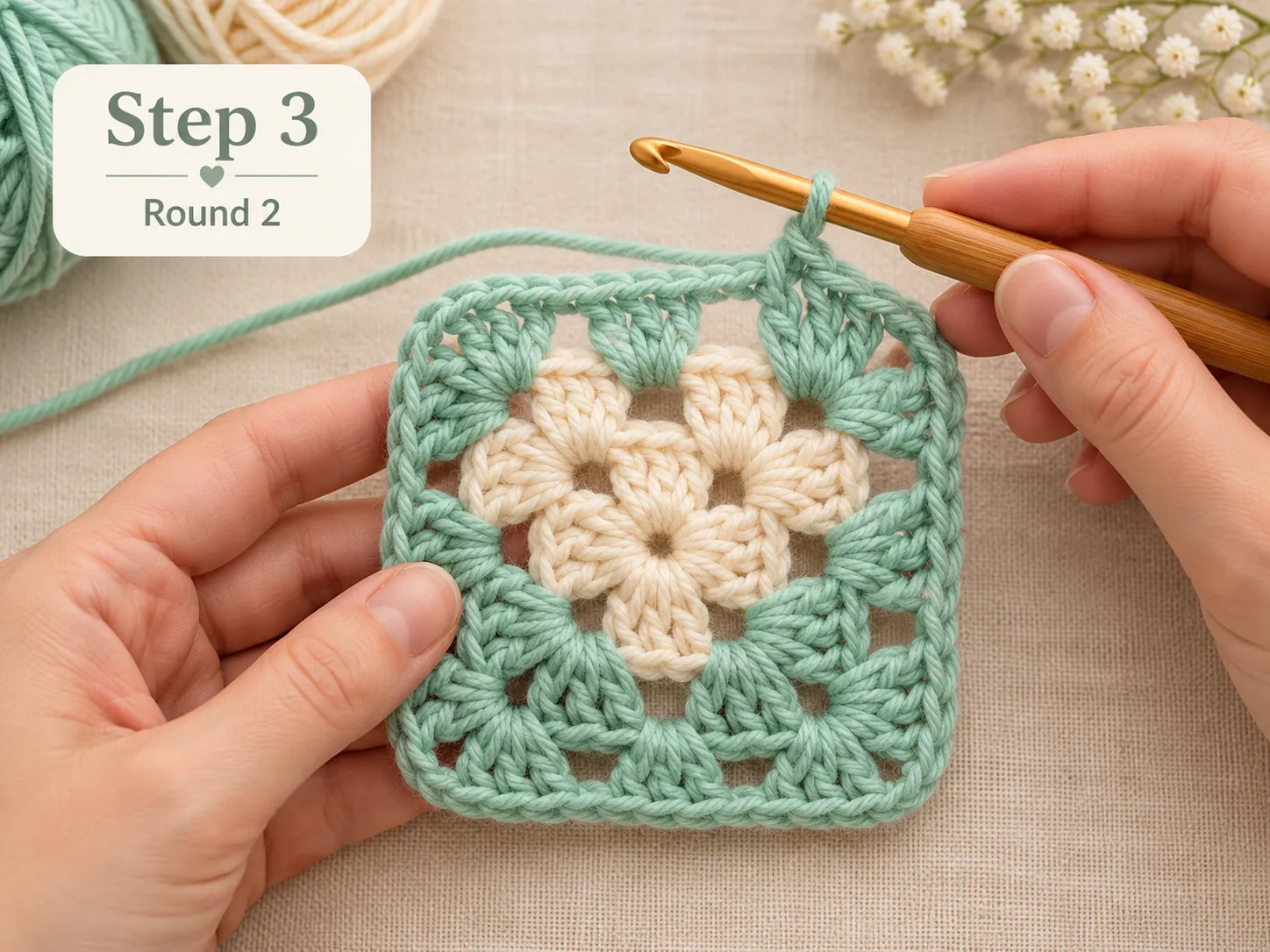 step-by-step granny square rounds in two colors