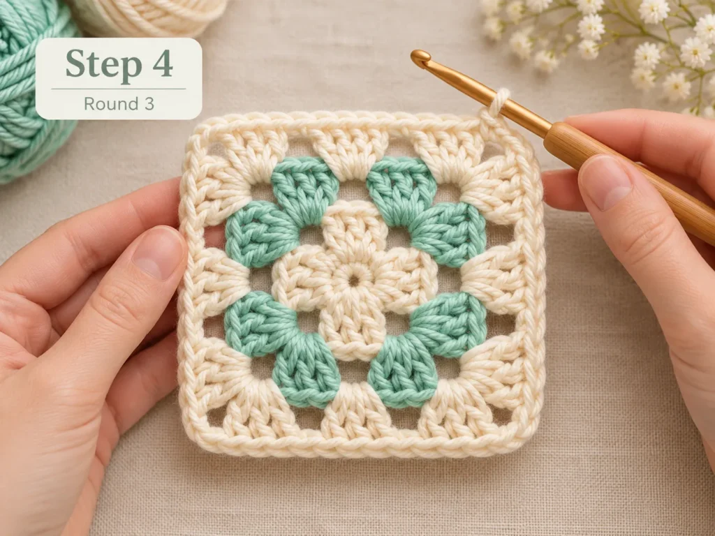 step-by-step granny square rounds in two colors
